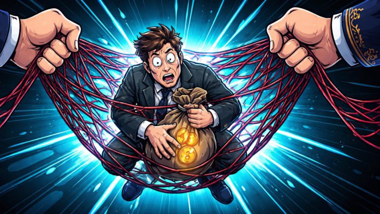 Personagem cartoon fraudador preso em rede vermelha por mãos da justiça, simbolizando prisões por fraudes cripto e desmantelamento de hawala
