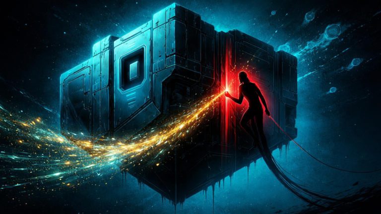 Silhueta sombria infiltrando brecha em fortaleza digital com fluxo dourado escapando, simbolizando hack de US$ 282 mi por engenharia social