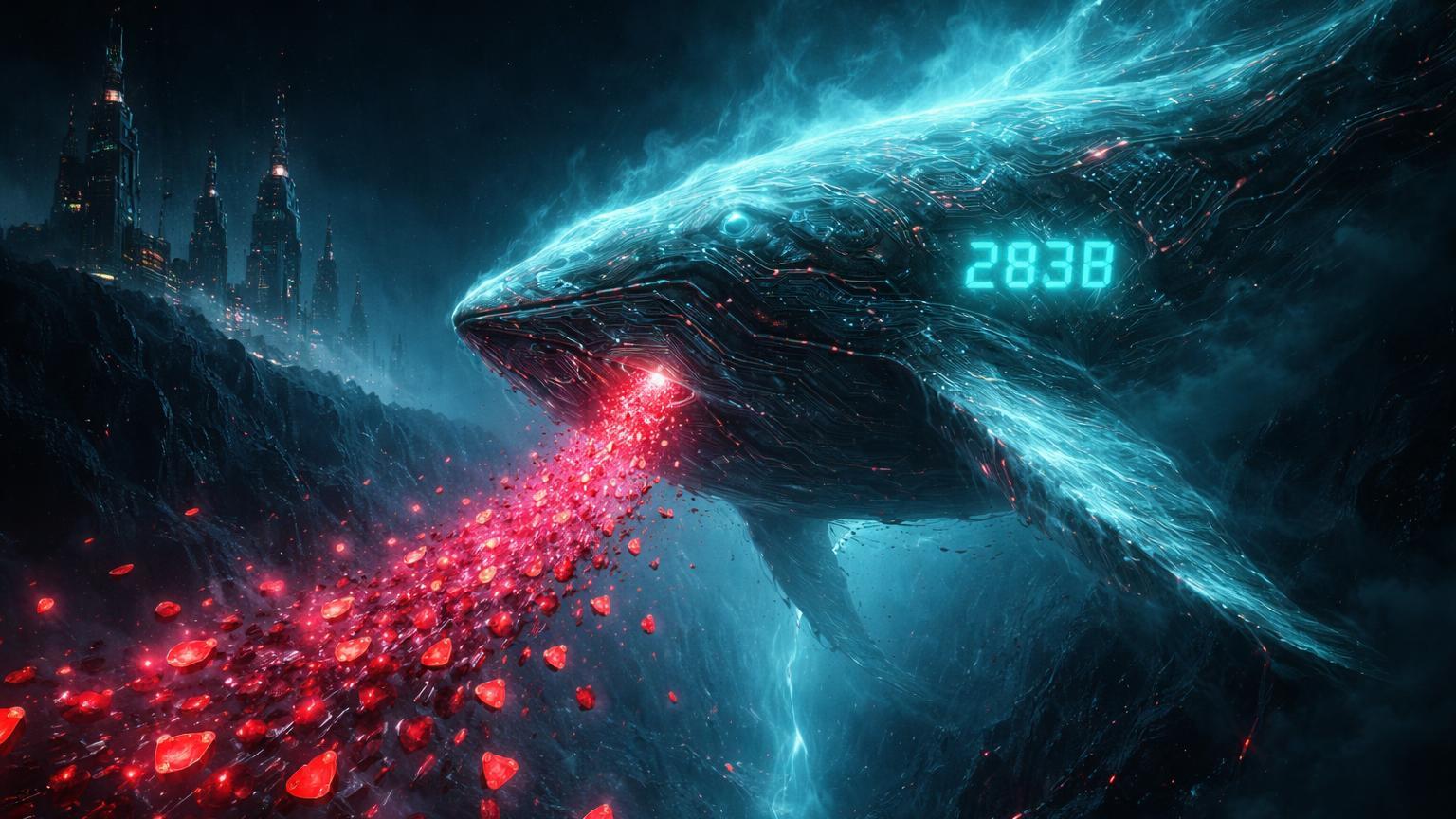 Baleia colossal surreal de névoa cyan absorvendo corrente de cristais SHIB de exchanges flutuantes, simbolizando saída misteriosa de 283B tokens