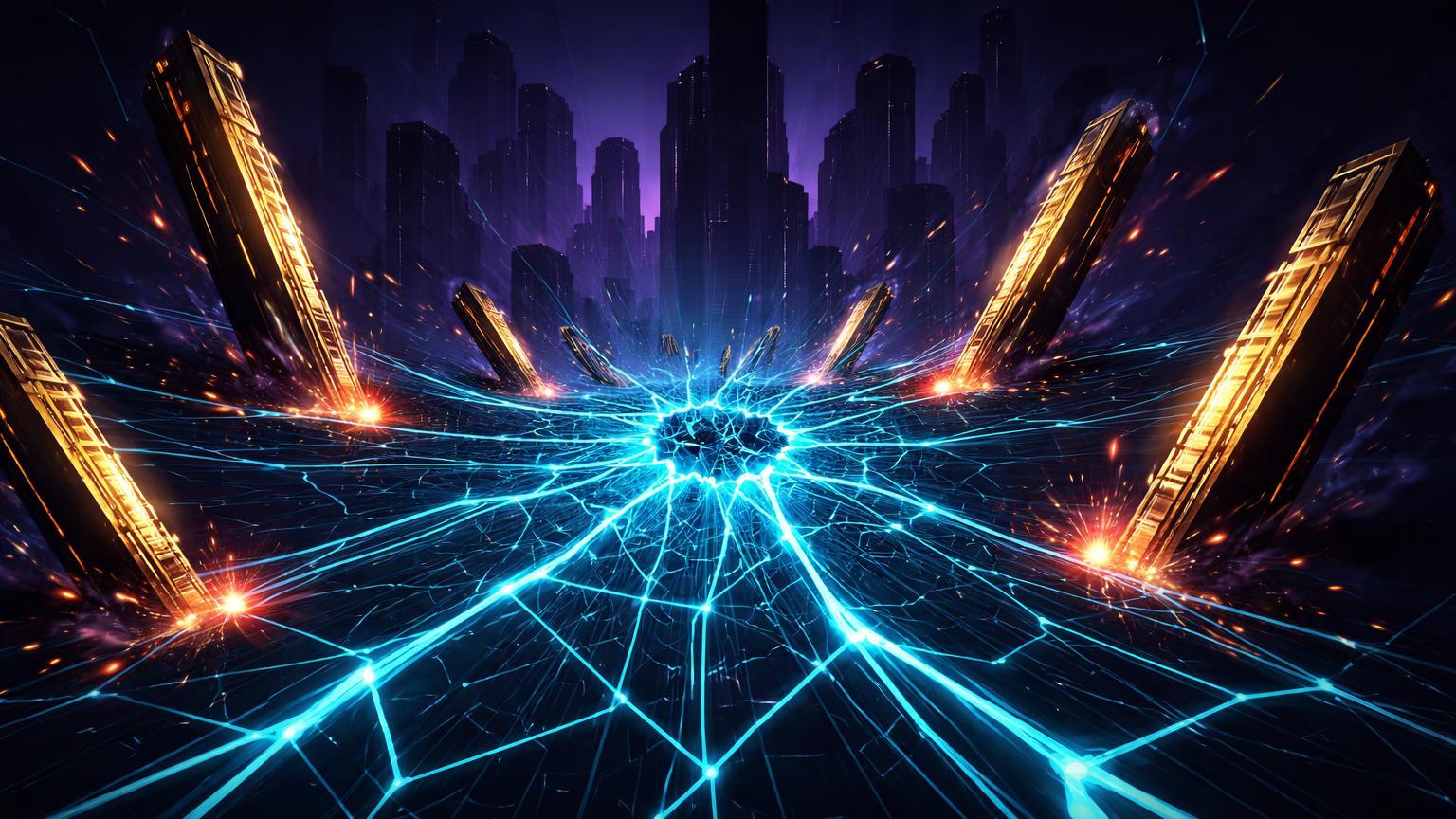 Rede cyan de hashrate fragmentando com pilares dourados caindo sob pressão de silhuetas IA, ilustrando capitulação de mineradores Bitcoin