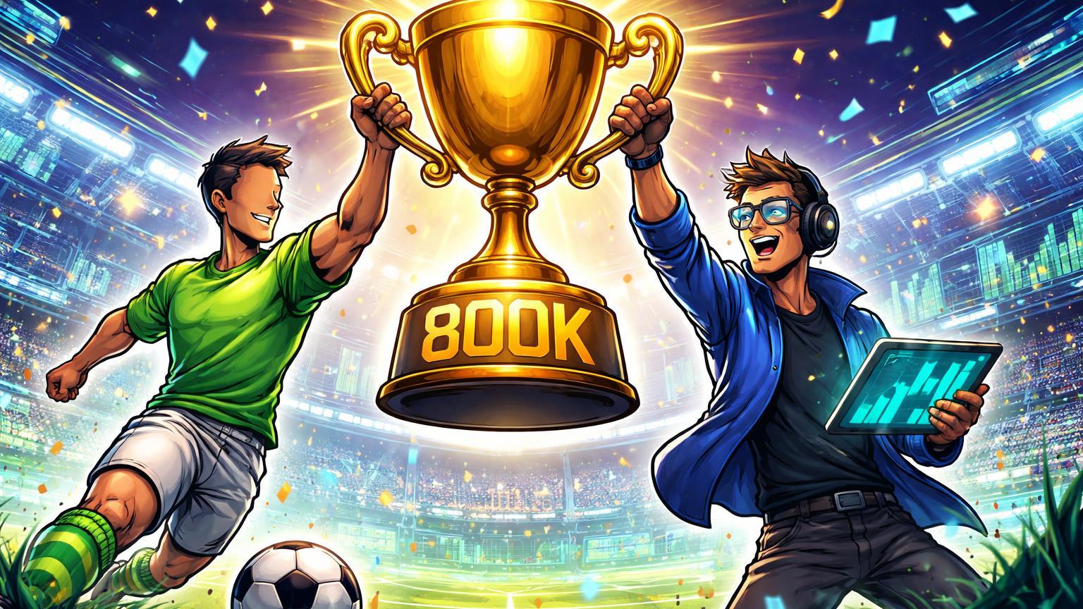Personagens cartoon de jogador de futebol e trader erguendo troféu dourado com 800K, celebrando parceria La Liga-Toobit em campeonato de trading cripto