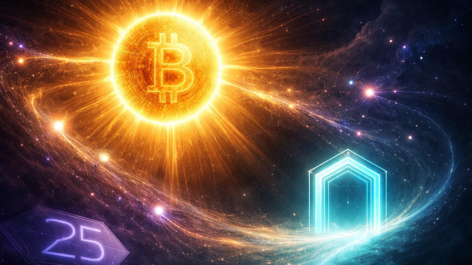 Sol dourado colossal dominando constelação de estrelas menores desvanecendo com fluxo para portal cyan e índice 25, simbolizando domínio BTC e adiamento altseason