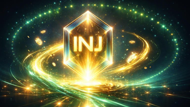 Cristal INJ translúcido absorvendo partículas em fluxos dourados e verdes, com halo de aprovações simbolizando redução de oferta aprovada pela governança DeFi