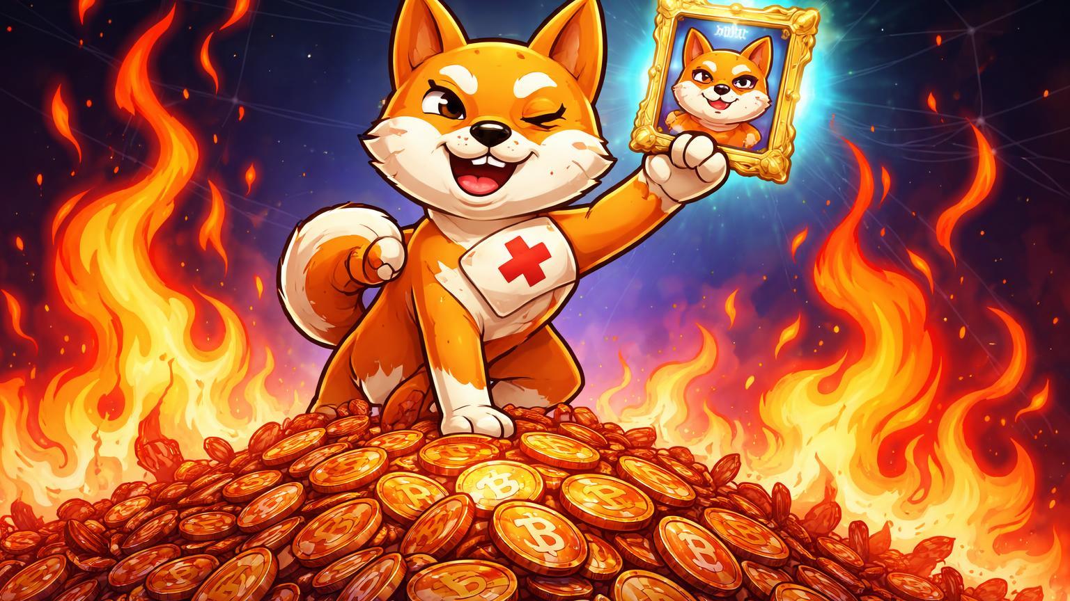 Personagem Shiba cartoon com curativo, queimando pilha de tokens SHIB e segurando NFT, simbolizando resposta ao exploit e burn rate em memecoins