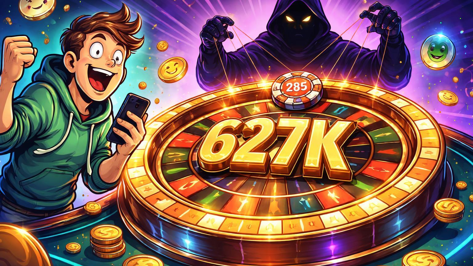 Trader cartoon eufórico ao lado de roleta digital com pump de 285 para 627K, sombras de insider sugerindo riscos em memecoins