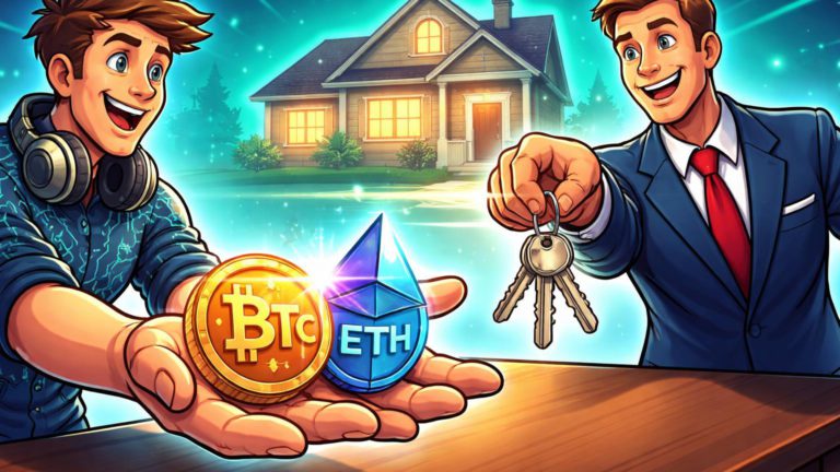 Investidor cartoon trocando moedas BTC e ETH por chaves de casa com corretor, simbolizando adoção de cripto em hipotecas nos EUA