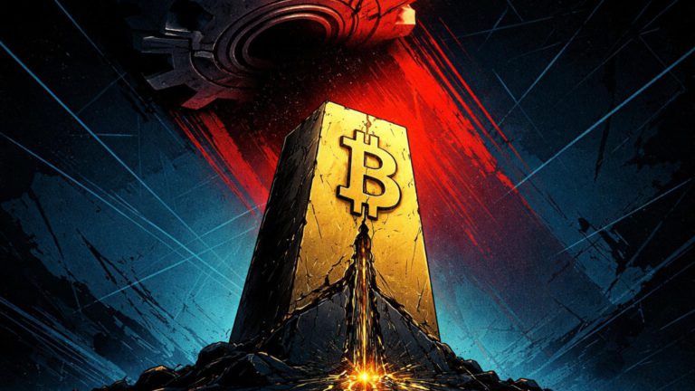 Engrenagem colossal projetando sombra vermelha sobre monolito Bitcoin rachado, simbolizando pressao do Fed com juros altos e queda do mercado cripto