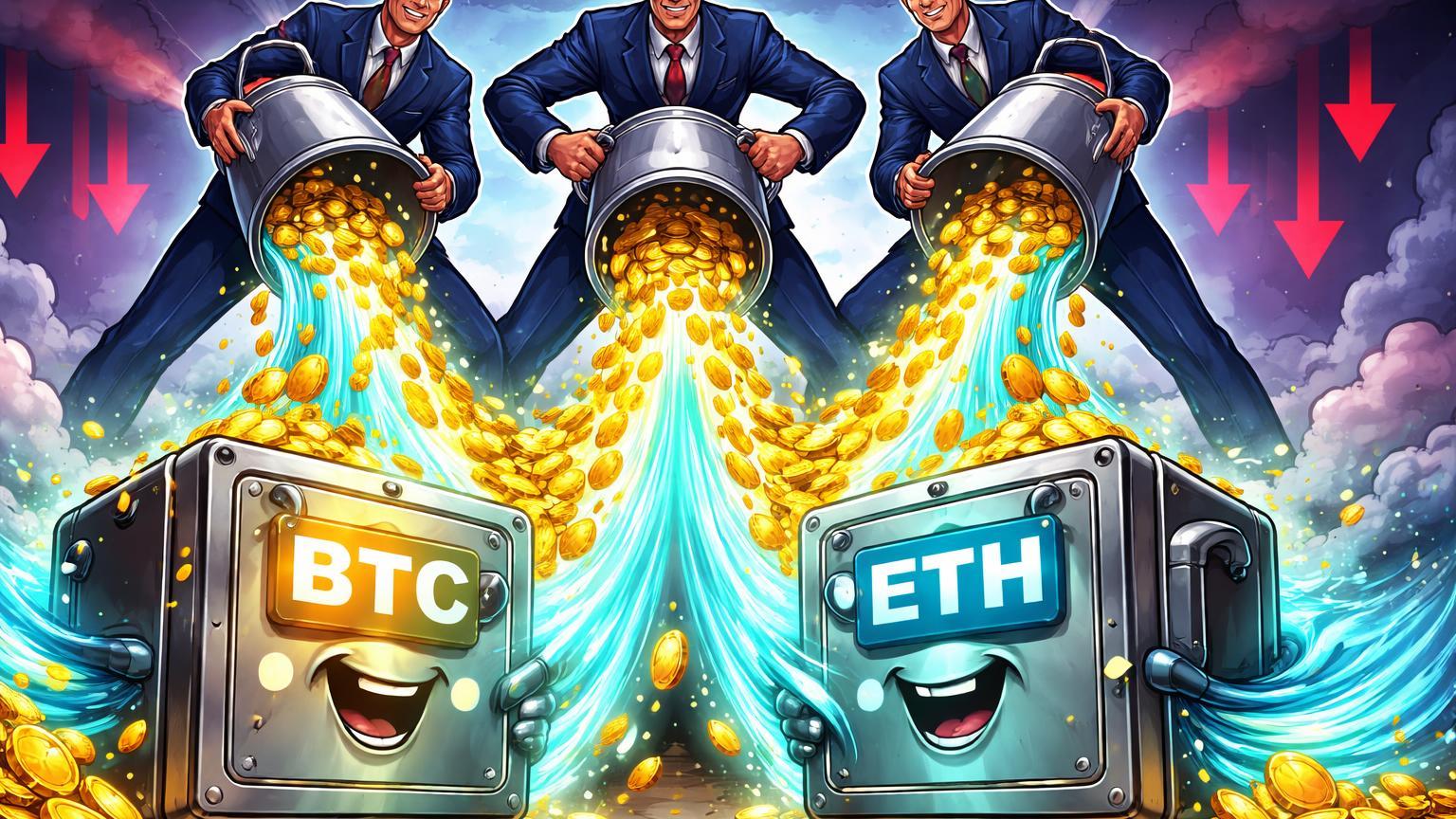 Executivos cartoon despejando capital dourado em cofres BTC e ETH apesar de queda de preços, simbolizando recorde de US$ 2 bi em ETFs
