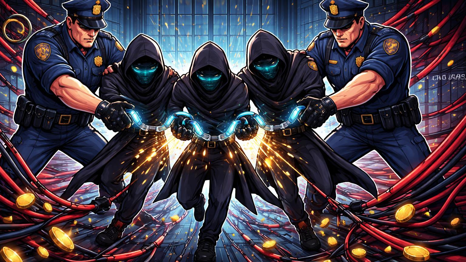 Figuras cartoon de criminosos algemadas por policiais em rede digital emaranhada, ilustrando prisão de quadrilha por lavagem de US$ 107 mi em cripto