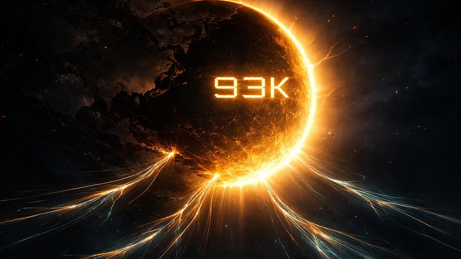 Sol dourado Bitcoin eclipsado por sombra geopolítica com rios de energia revertendo e '93K' marcado, ilustrando saídas de US$ 2 bi e pressão no mercado