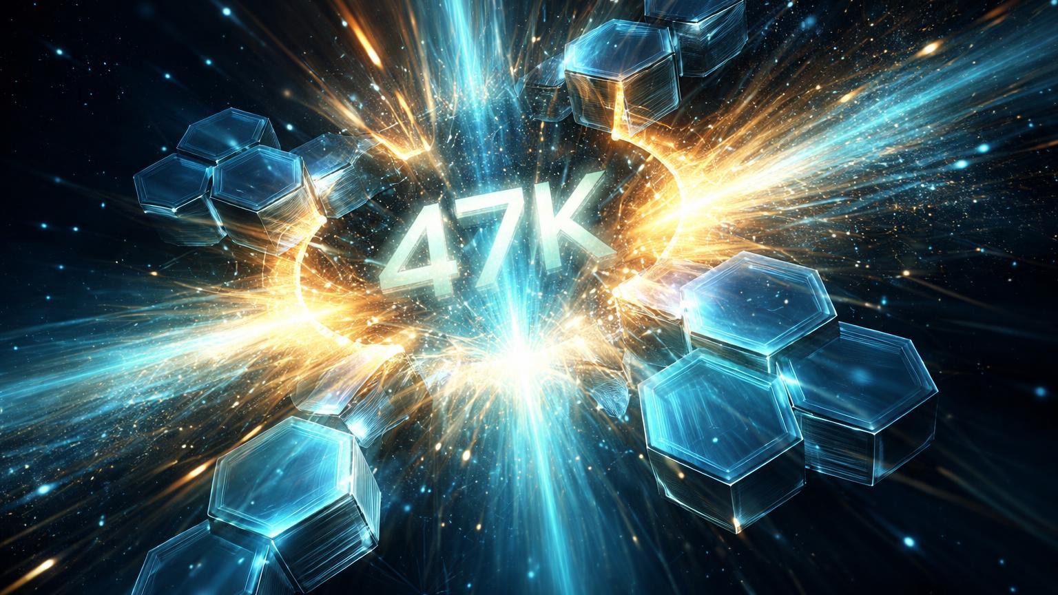 Estrutura cristalina Layer 2 com fluxo de partículas cyan rompendo barreira a 47K TPS, simbolizando escalabilidade recorde do MegaETH no Ethereum