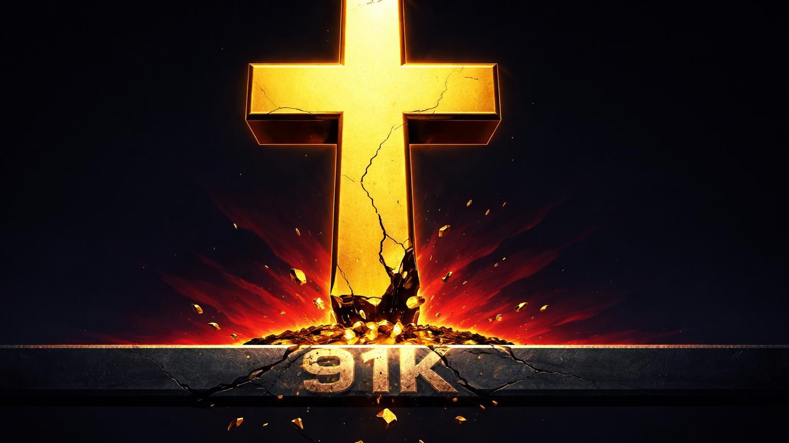 Cruz dourada rachando na base sobre linha de suporte com 91K, representando risco a golden cross e teste de suporte no Bitcoin