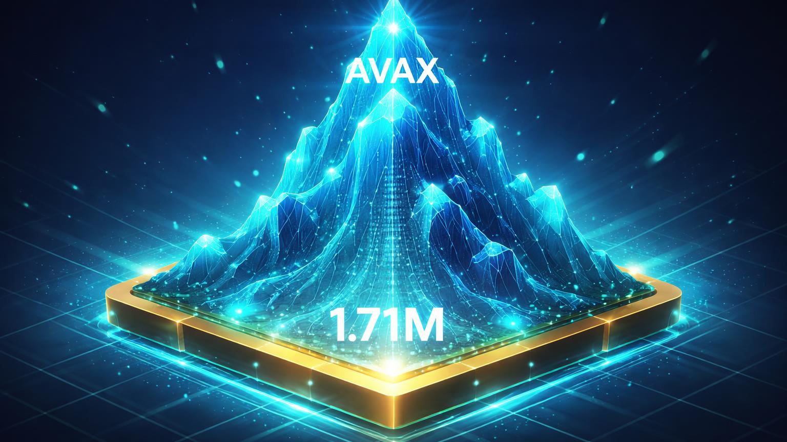 Montanha cristalina isométrica pulsando com 1.71M pontos cyan, base dourada defendendo suporte e cume AVAX brilhando, recorde de endereços ativos Avalanche