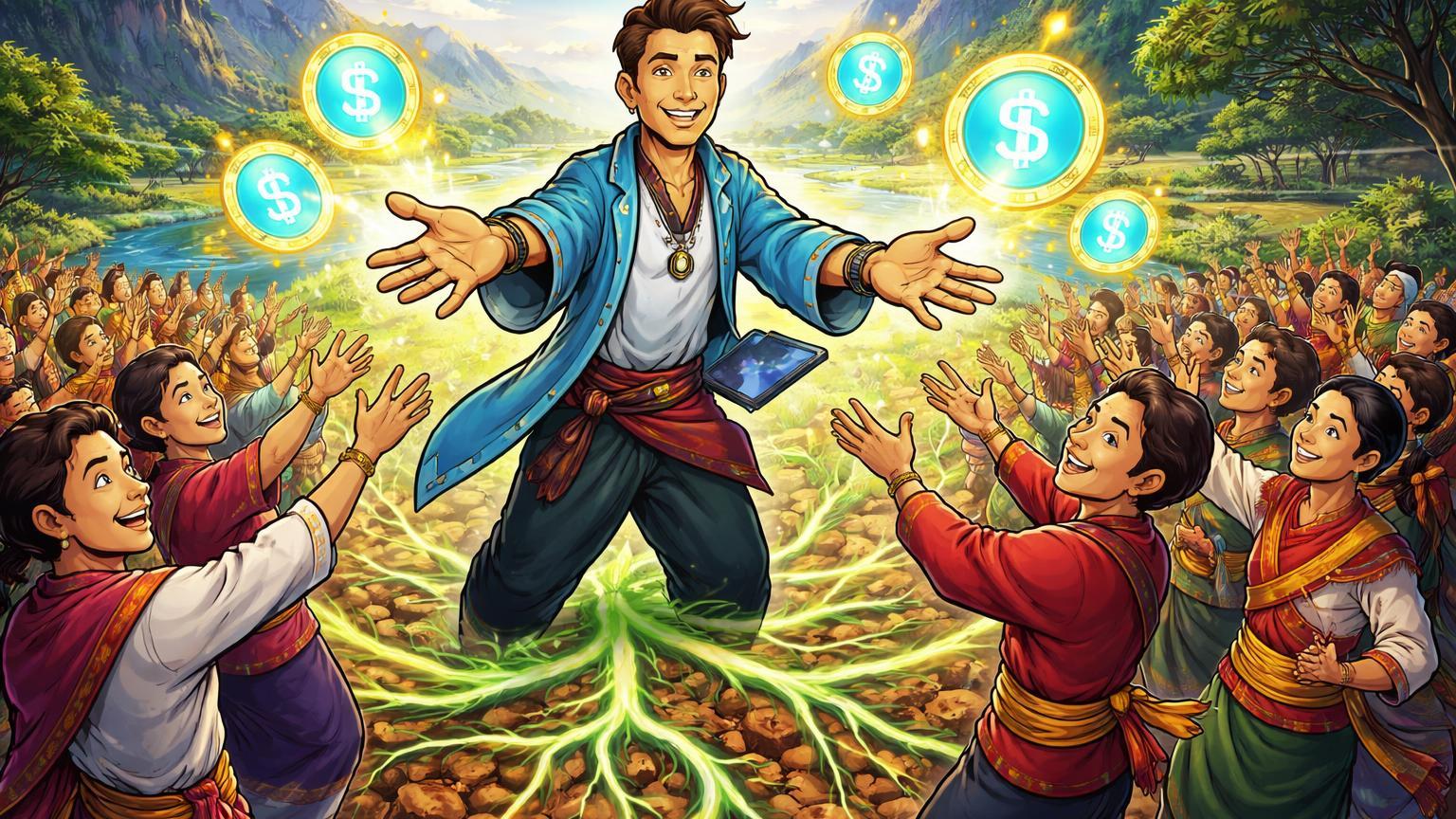 Educador cartoon estendendo ícones USDT luminosos para multidão laosiana, simbolizando campanha de educação em stablecoins contra inflação