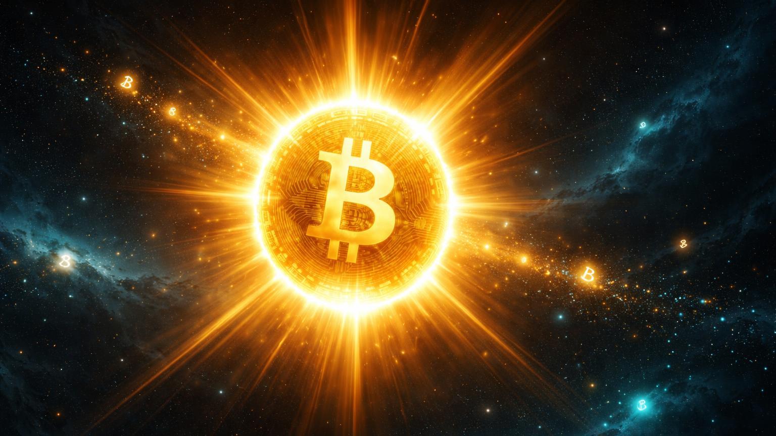Sol dourado colossal dominando cosmos digital com estrelas altcoins desvanecendo, ilustrando dominância do Bitcoin no mercado cripto