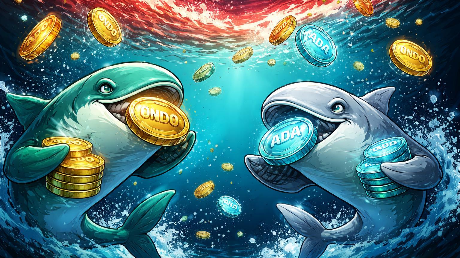 Baleias cartoon estilizadas acumulando tokens ADA e ONDO em oceano digital turbulento, sinalizando acumulação contrária durante queda de altcoins
