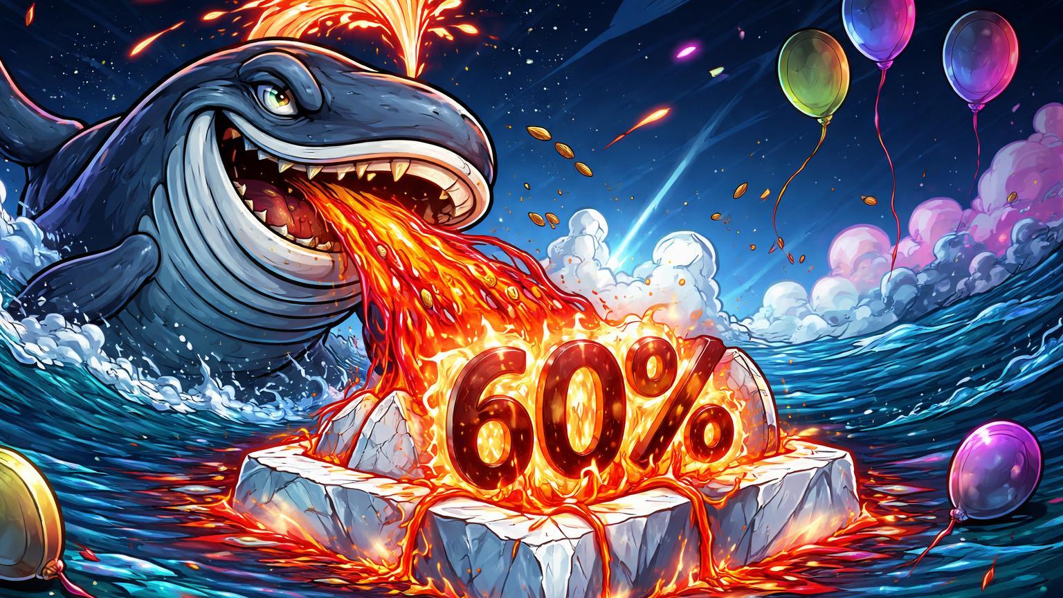 Baleia cartoon despejando moedas derretendo sobre estrutura White Whale em 60%, simbolizando profit-taking e riscos em memecoins