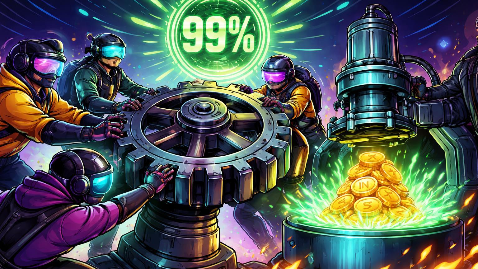 Comunidade DeFi cartoon girando engrenagem para comprimir tokens INJ em fornalha, com selo 99% simbolizando aprovação deflacionária