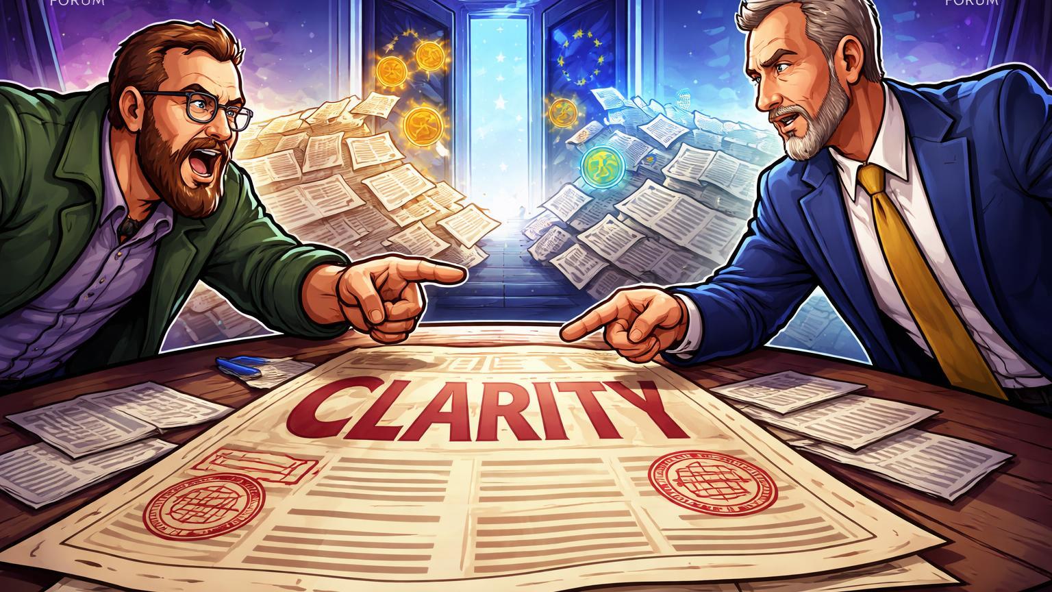 Personagens cartoon de Hoskinson e Garlinghouse debatendo CLARITY Act em Davos, enquanto projetos cripto migram para Europa