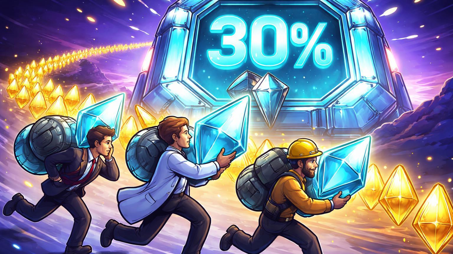 Executivos cartoon carregando cristais ETH para vault de staking com '30%' brilhante e fila longa, marcando recorde institucional