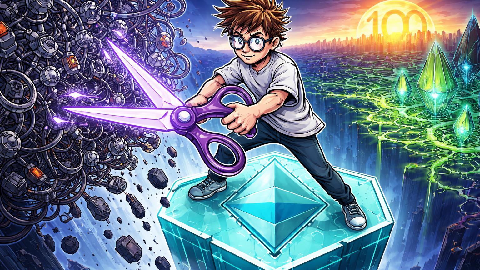 Vitalik cartoon simplificando rede caótica Ethereum com tesouras ZK, DAOs AI emergindo, visão alerta para futuro de 100 anos