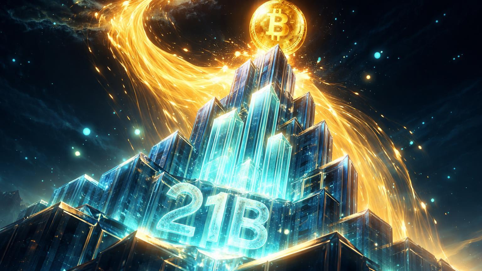 Fluxo de liquidez dourada do Fed nutrindo estrutura cristalina de RWAs com 21B e Bitcoin emergente no topo, sinalizando nova alta