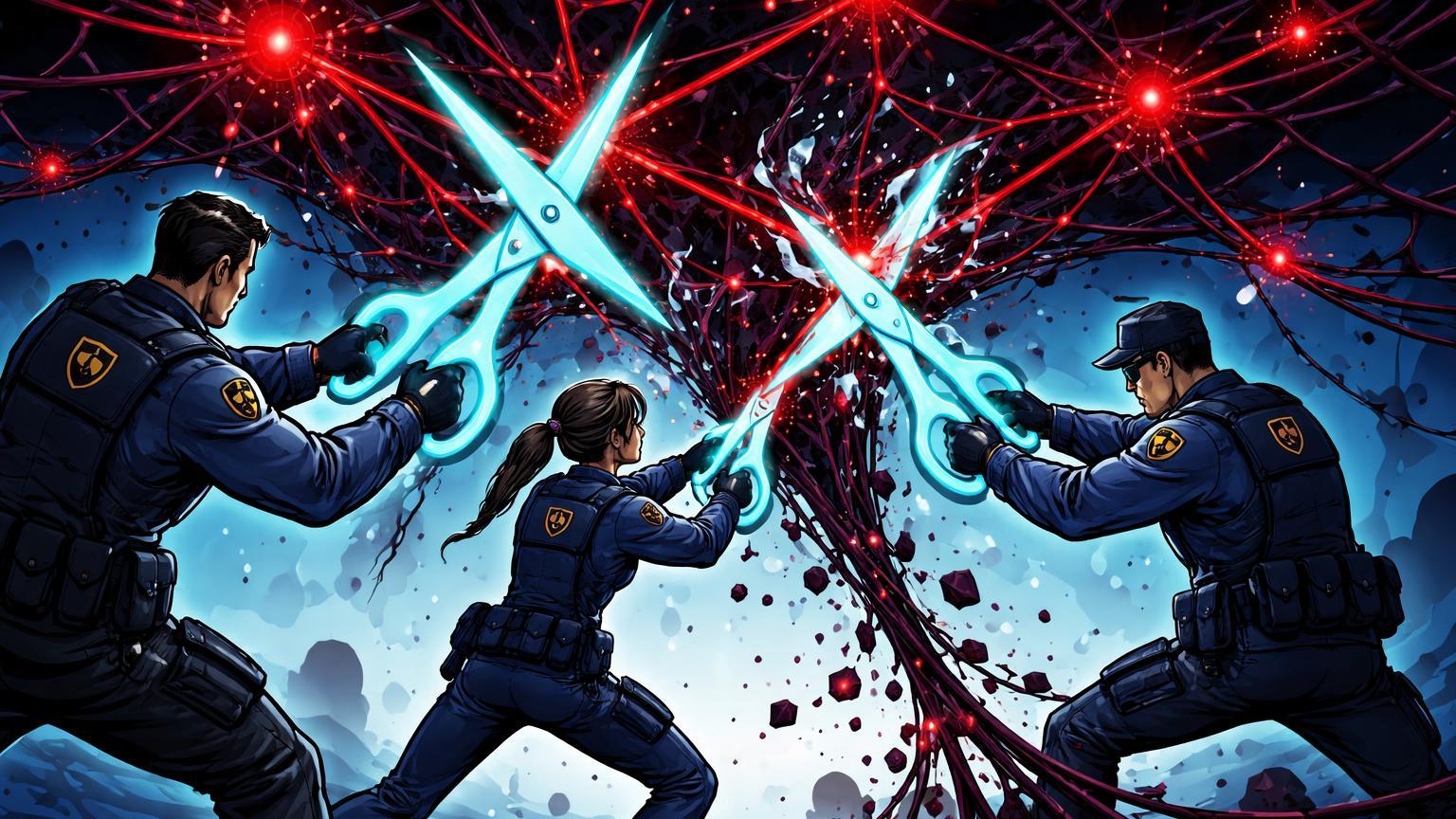 Agentes regulatórios cartoon cortando teia digital vermelha de lavagem de dinheiro com tesouras cyan, simbolizando desmantelamento na Coreia do Sul