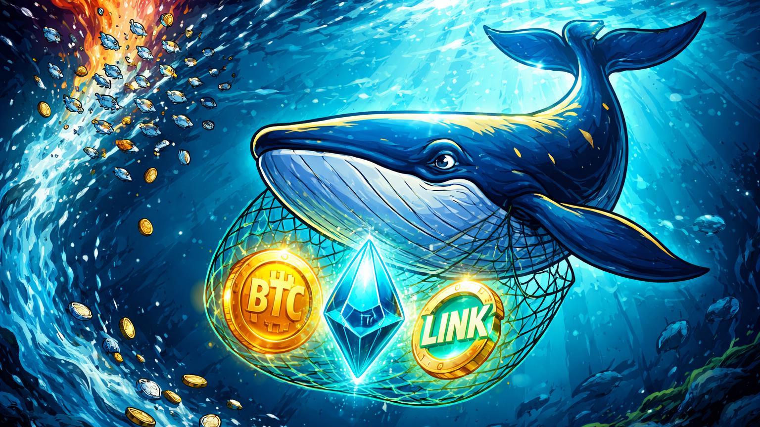 Baleia cartoon coletando cristais BTC, ETH e LINK no oceano digital enquanto peixes varejo fogem em pânico, simbolizando acumulação de smart money