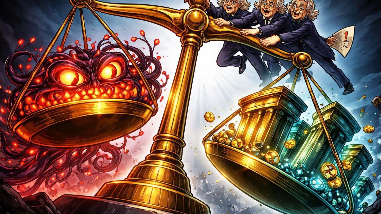 Balança regulatória cartoon inclinada por rede IA vermelha ameaçadora sobre pilares financeiros e cripto, deputados alertando risco sistêmico
