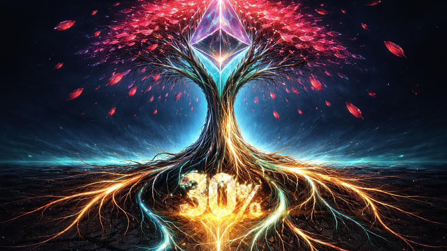Árvore cristalina surreal com folhas vermelhas caindo mas raízes douradas-cyan expandindo e 30% cristalino, simbolizando staking recorde do Ethereum apesar queda