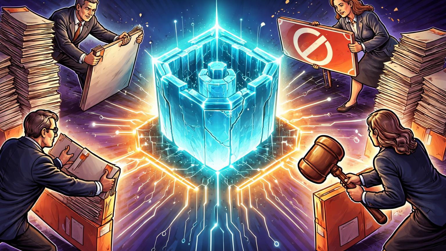 Fortaleza digital hexagonal sob cerco de reguladores cartoon europeus, representando bloqueio da Polymarket em Portugal e Hungria