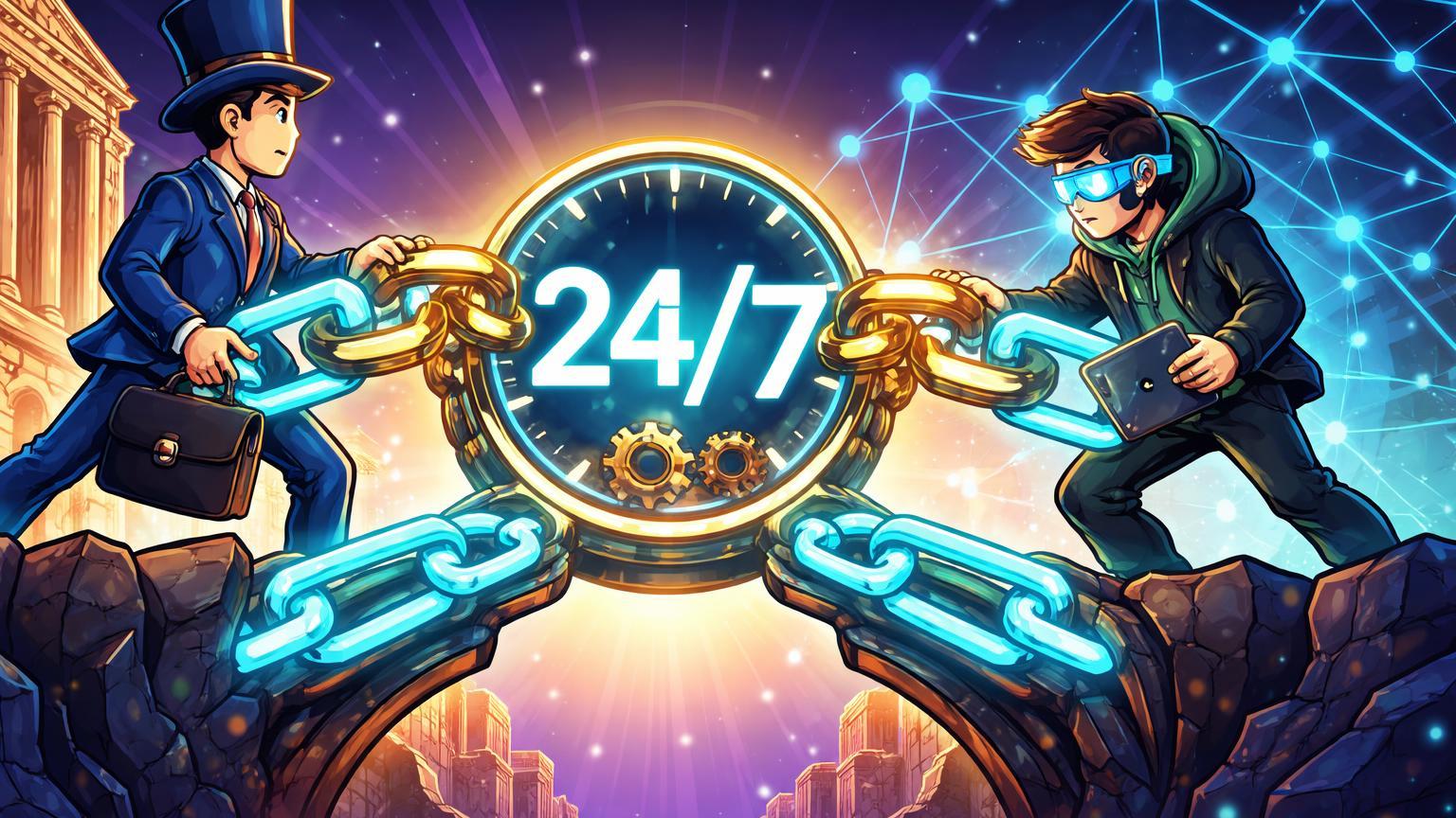 Personagens cartoon de TradFi e crypto construindo ponte de elos luminosos sobre abismo digital, com relógio 24/7 simbolizando NYSE em blockchain via Chainlink