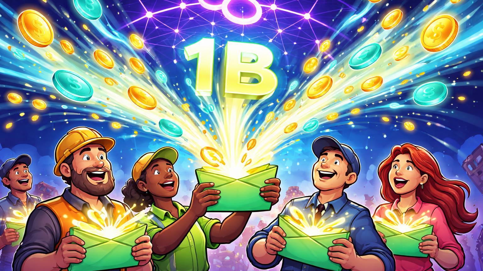 Trabalhadores cartoon recebendo envelopes de salário explodindo em stablecoins cianos fluindo para rede Polygon, marcando US$ 1 bi em pagamentos on-chain