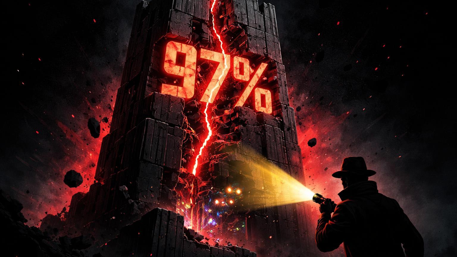 Torre brutalista digital rachando com '97%' em glow vermelho, silhueta expondo vazio, simbolizando colapso do token TROVE em rug pull