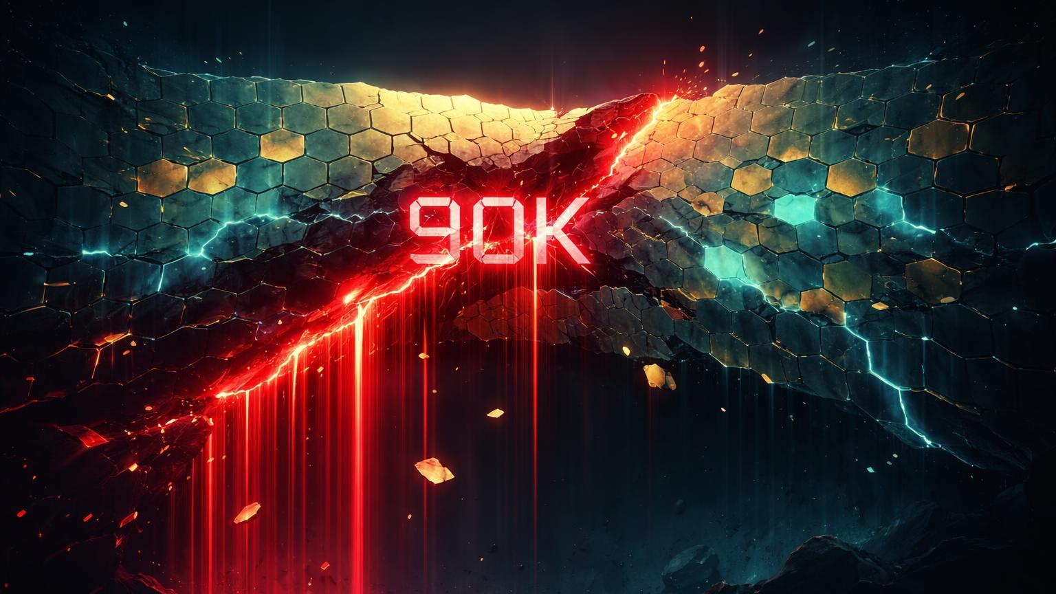 Muralha hexagonal de suporte digital rachando com fluxos vermelhos descendentes e '90K' fragmentado, simbolizando liquidações no Bitcoin