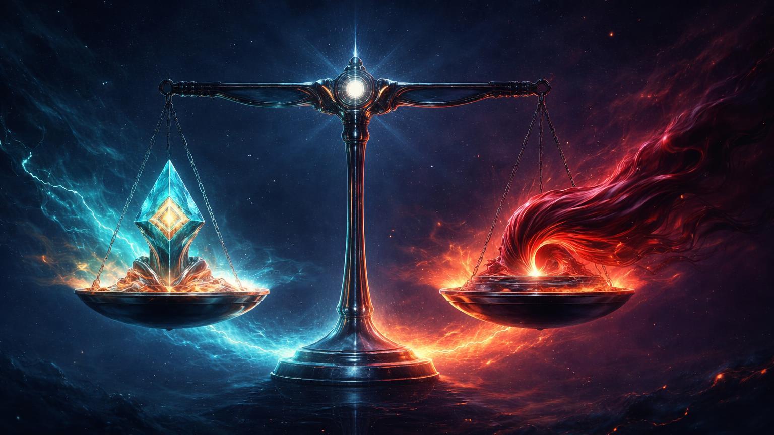 Balança cósmica equilibrada entre âncora cyan de escassez de staking e fluxo vermelho de vendas de baleias no Ethereum