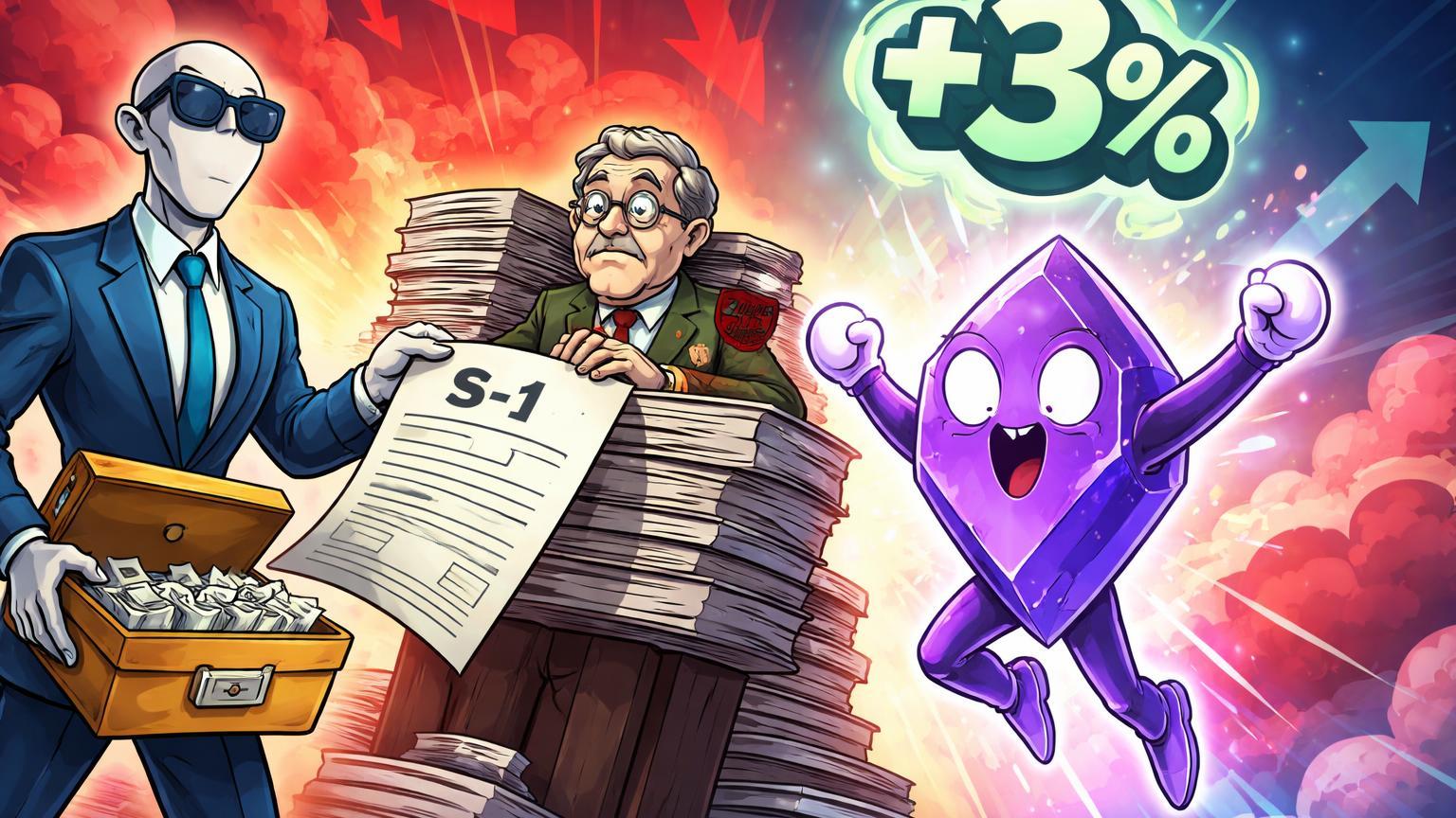 Executivo cartoon entregando S-1 ETF à SEC com personagem NEAR saltando +3% em fundo de crash vermelho, simbolizando resiliência altcoins