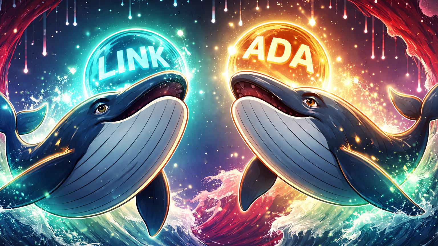 Baleias cartoon confiantes coletando orbes LINK e ADA em oceano digital volátil, simbolizando acumulação on-chain durante queda de preços