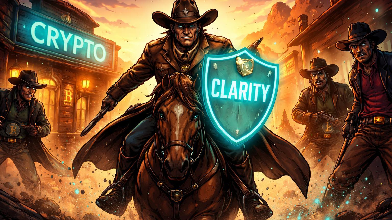 Xerife cartoon com badge CLARITY chegando à cidade crypto Velho Oeste, simbolizando mudança pró-regras defendida por assessor de Trump