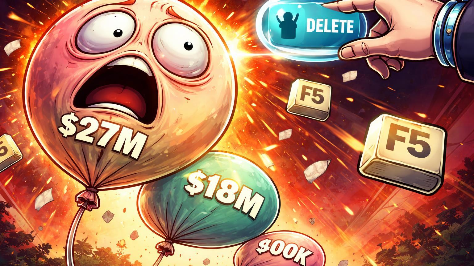 Balão memecoin cartoon deflacionando após mão executiva deletar tweet sobre Trump, com teclas F5, ilustrando caos volátil em redes sociais