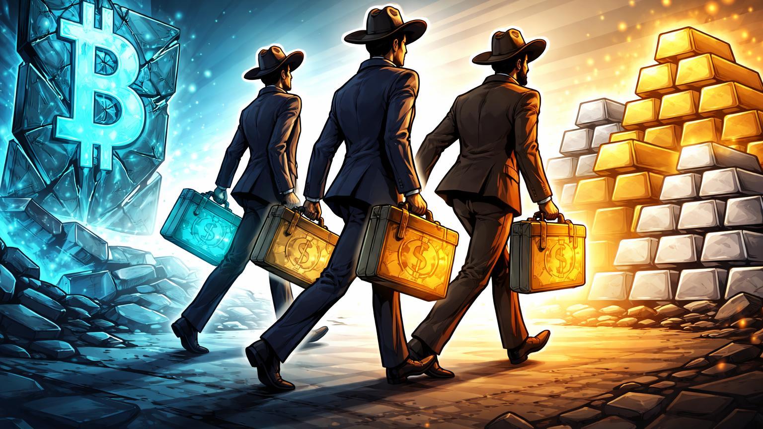 Investidores cartoon migrando de plataforma Bitcoin rachada para pilhas de ouro e prata, simbolizando Grande Rotação para segurança