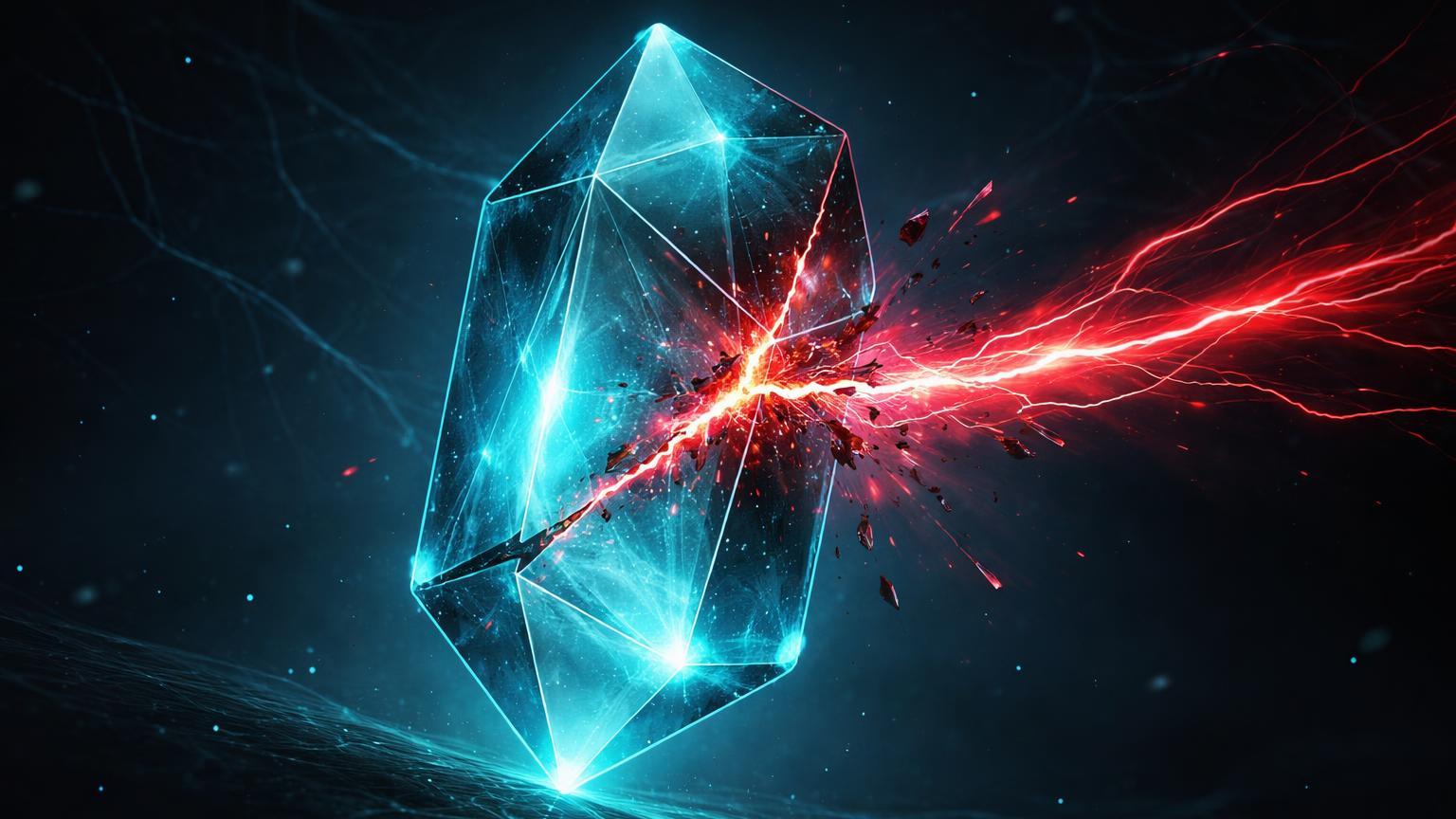 Cristal oráculo digital hexagonal rachado por fluxo vermelho caótico, simbolizando exploit de flash loans e manipulação em DeFi