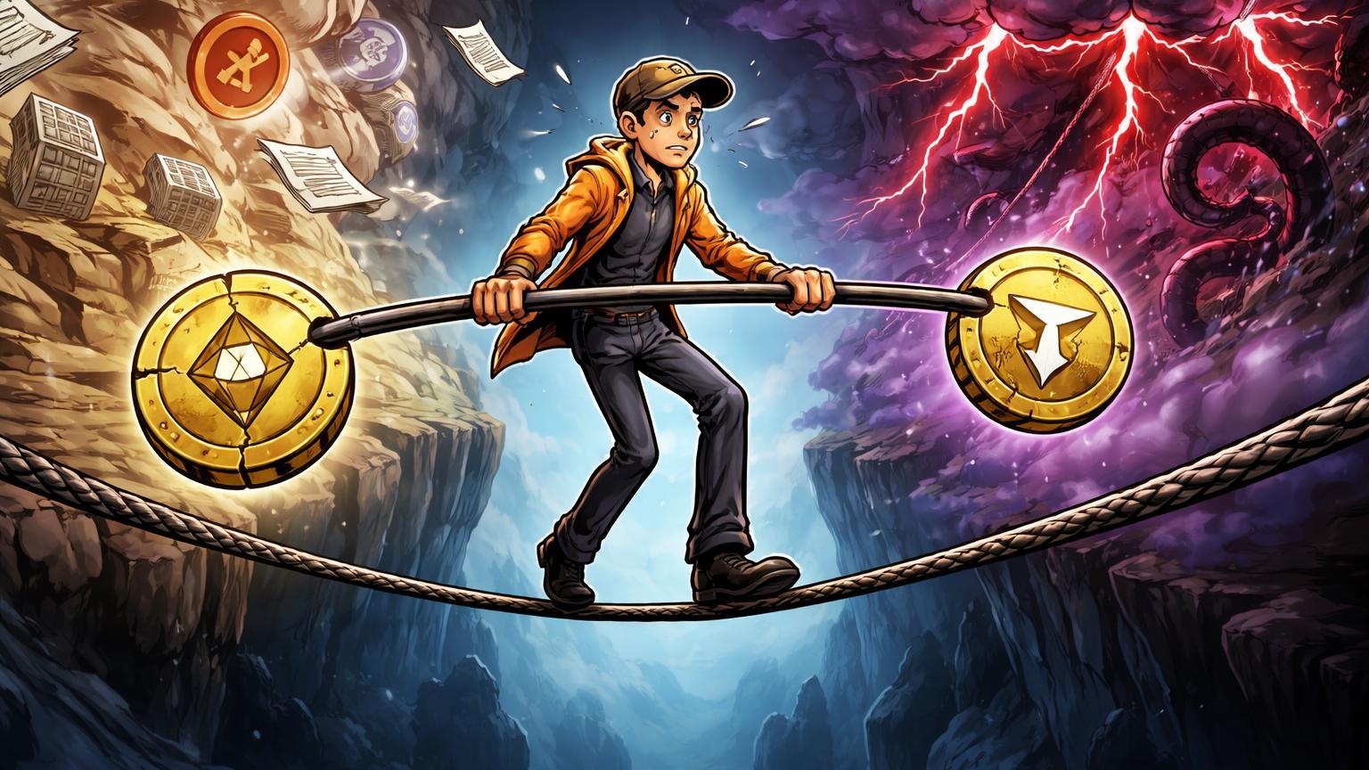 Funâmbulo cartoon equilibrando em corda bamba sob ventos regulatórios e nuvens geopolíticas, ilustrando tensões e cautela no mercado cripto