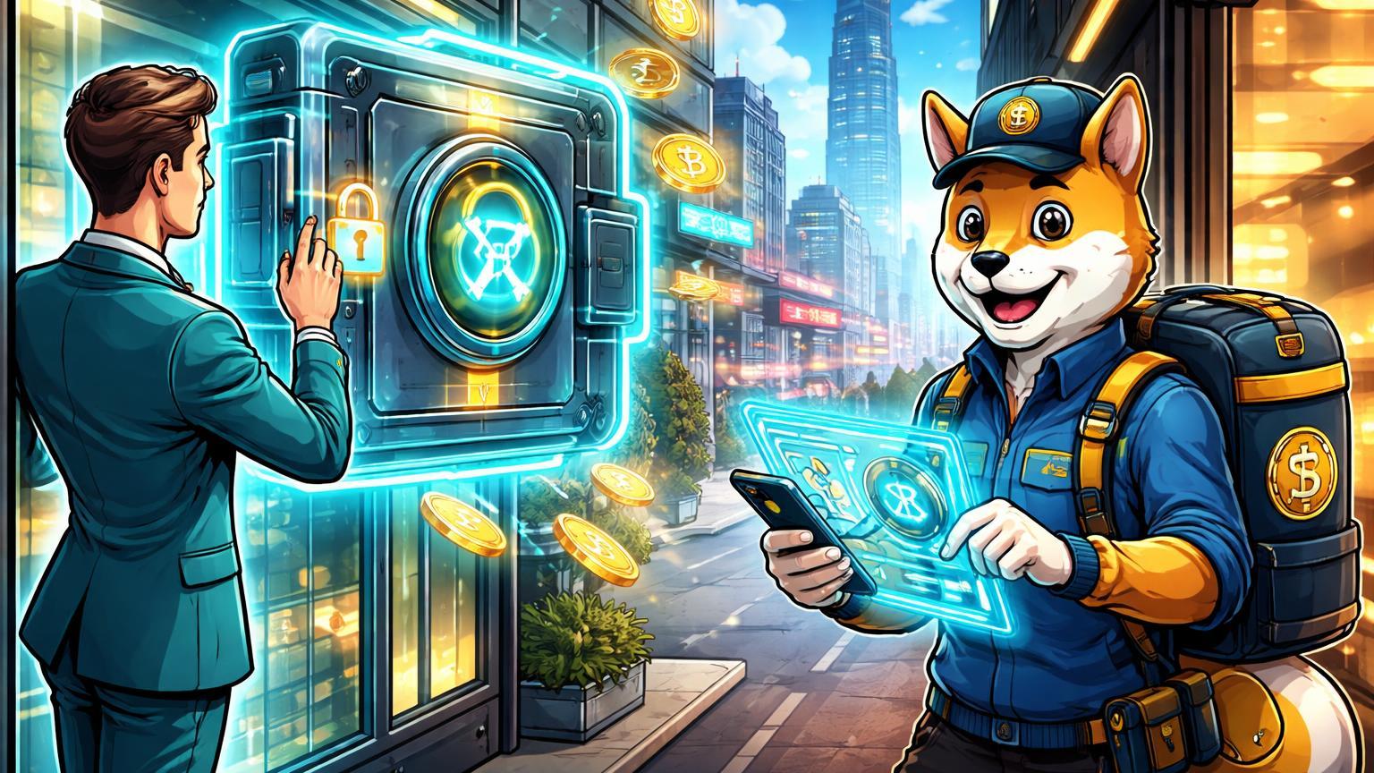 Personagem da moeda Dogecoin e executivo Ripple em estilo editorial, simbolizando o avanço de pagamentos cotidianos e adoção institucional.