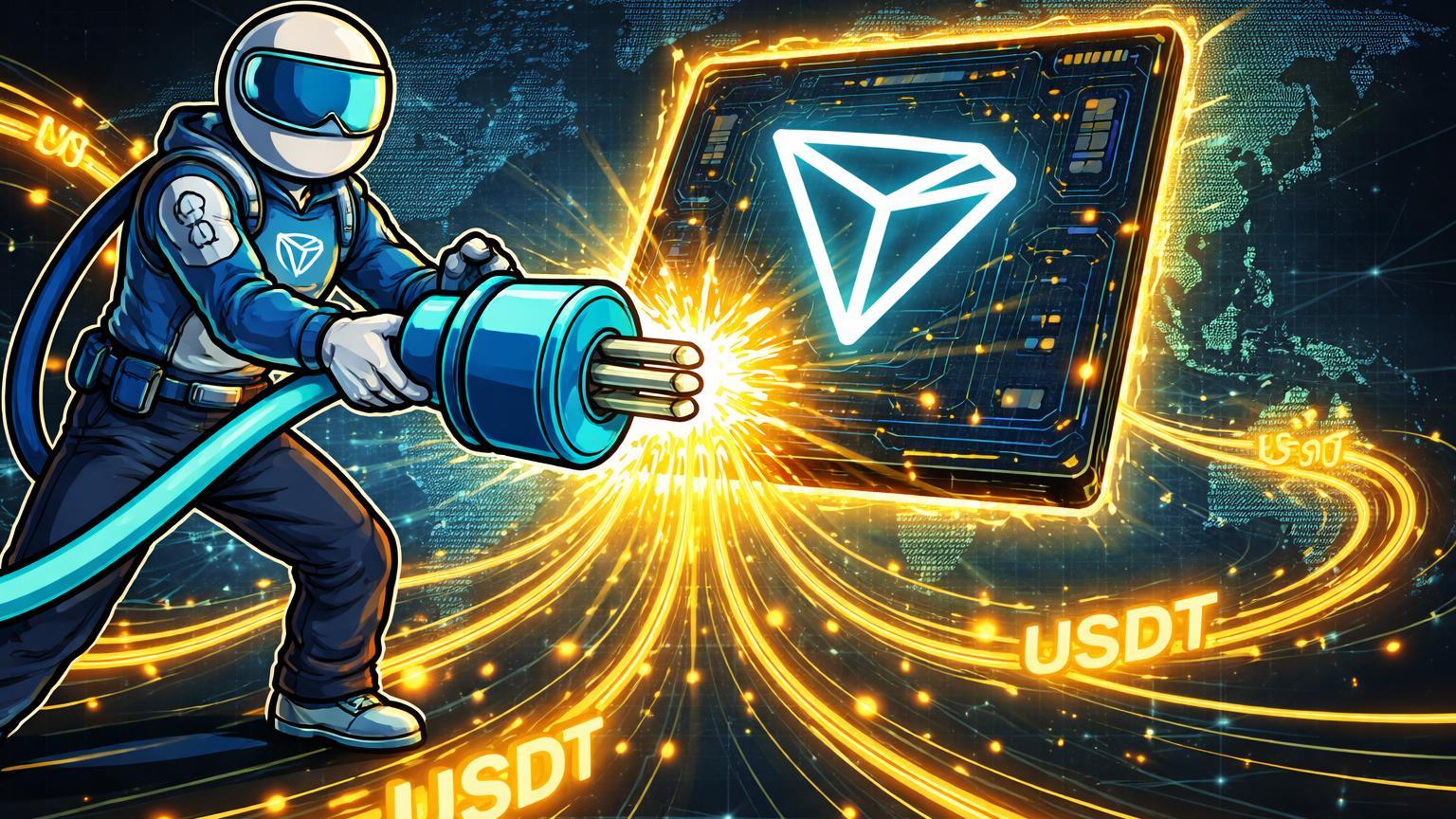 Personagem cartoon conectando cabo de luz neon a placa de circuito TRON, simbolizando integração da WalletConnect para pagamentos USDT.