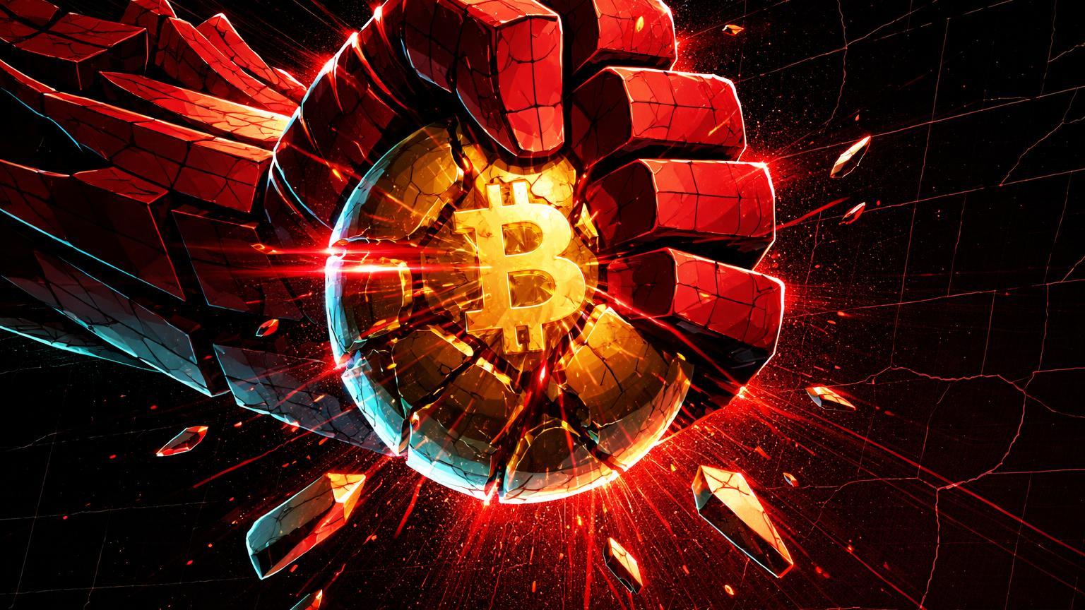 Punho bold vermelho esmagando esfera cristalina dourada de Bitcoin com rachaduras, representando crise de liquidez japonesa global