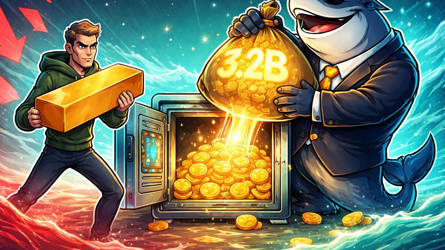 Baleia cartoon barriguda despejando energia dourada em cofre com glifo 3.2B, ao lado de LTH segurando barra firme, sinalizando acumulação bullish de Bitcoin