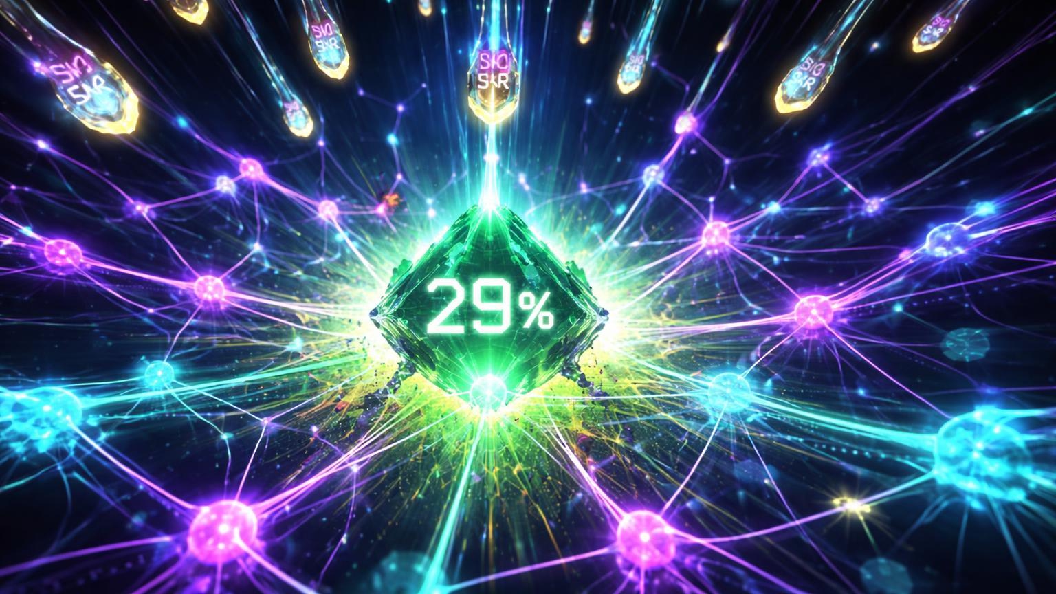 Rede cristalina Solana expandindo com sinapses IA e chuva de tokens SKR, simbolizando alta de 29% na atividade on-chain impulsionada por airdrop