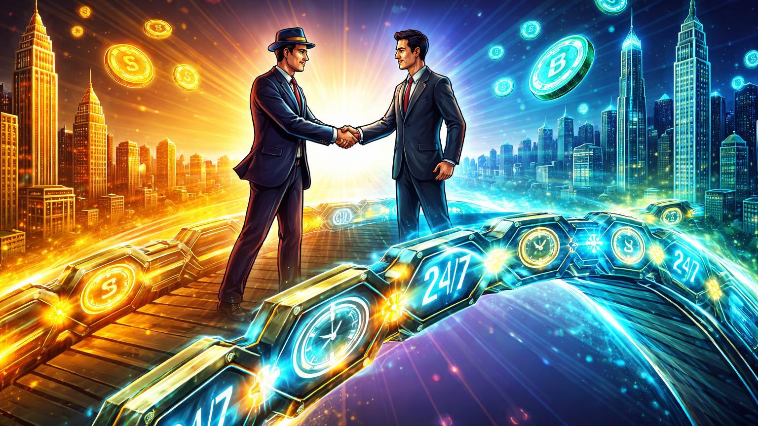 Executivos cartoon de Wall Street e Hong Kong apertando mãos sobre ponte tokenizada 24/7, simbolizando aceleração global de ativos on-chain
