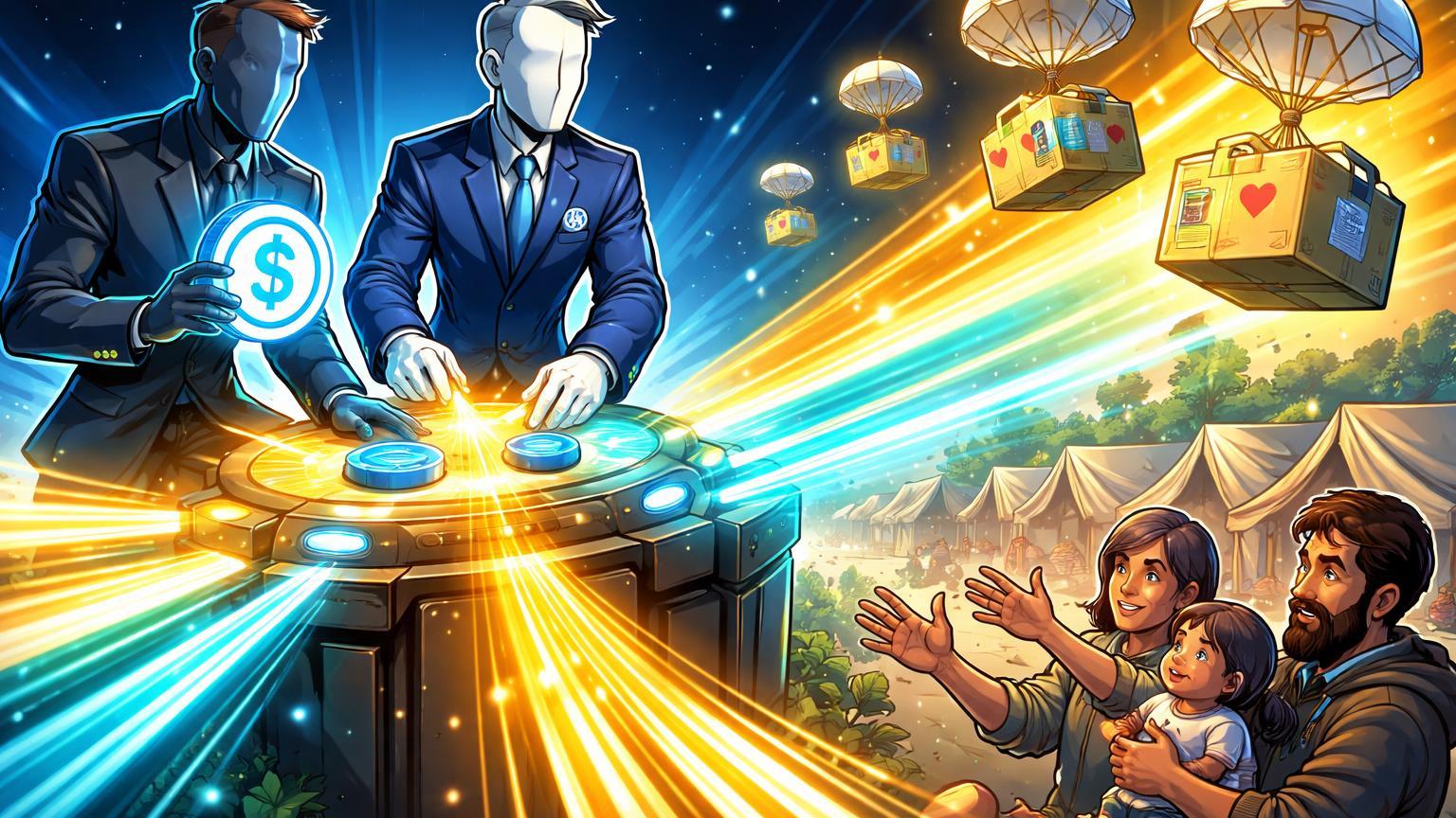 Personagens cartoon da Circle e ONU ativando hub blockchain que distribui ajuda humanitária eficiente para vítimas de crises, simbolizando revolução com stablecoins